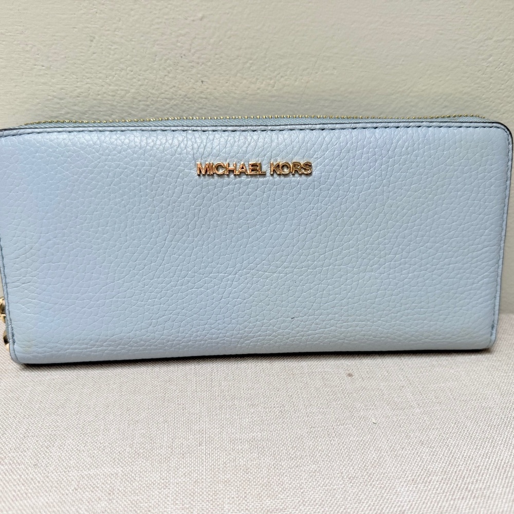 Michael Kors Light Blue Leather Zip Wallet with Gold Logo